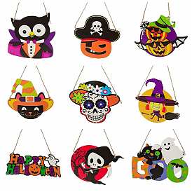 Halloween Theme Wood Hanging Door Signs, Pumpkin Owl Castle Ghost Cat Skull Witch Wall Decoration, Decorative Props for Indoor, with Hemp Rope