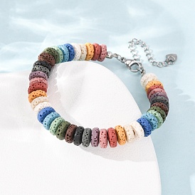 Chakra Dyed Natural Lava Rock Heishi Beaded Bracelets, with 304 Stainless Steel End Chain, Colorful