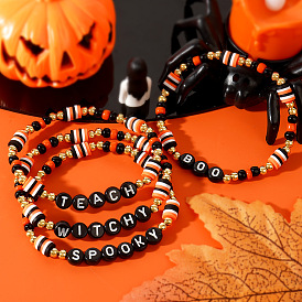 Adjustable Halloween Punk Style Polymer Clay & Brass Stretch Beaded Bracelets in Black, White and Orange