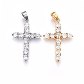 304 Stainless Steel Pendants, with Cubic Zirconia and Snap on Bails, Cross, Clear