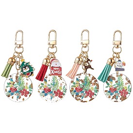 4Pcs 4 Styles Christmas Transparent Epoxy Resin Pendant Decoration, with Alloy Swivel Clasps and Faux Suede Tassel