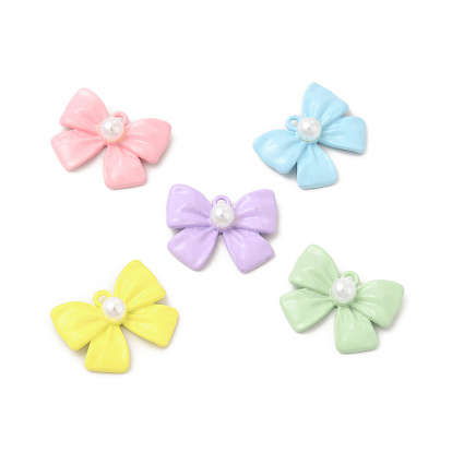 Сплав покрытия стойки с подвесками из искусственного жемчуга из абс-пластика, подвески с бантом, окрашенные распылением, без кадмия, без никеля и без свинца