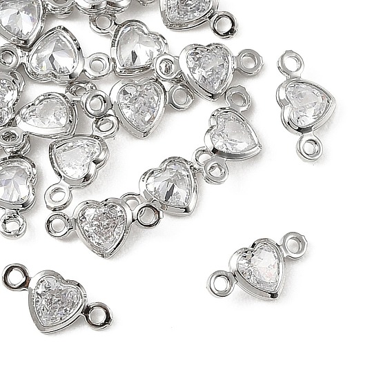 Dijes conectores en forma de corazón de latón pavé de circonita cúbica transparente de Shegrace, sin cadmio y níque y plomo, larga duración plateado