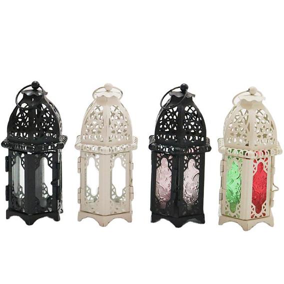 Elements of Ramadan Lantern Shape Iron with Glass Candlestick, Metal Wind Lamp Decoration Ornament