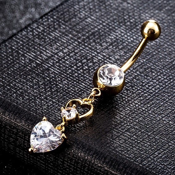 Пирсинг украшения, латунное кольцо пупка с фианитом, кольца живота, со штангой из хирургической нержавеющей стали, без кадмия и без свинца, сердце
