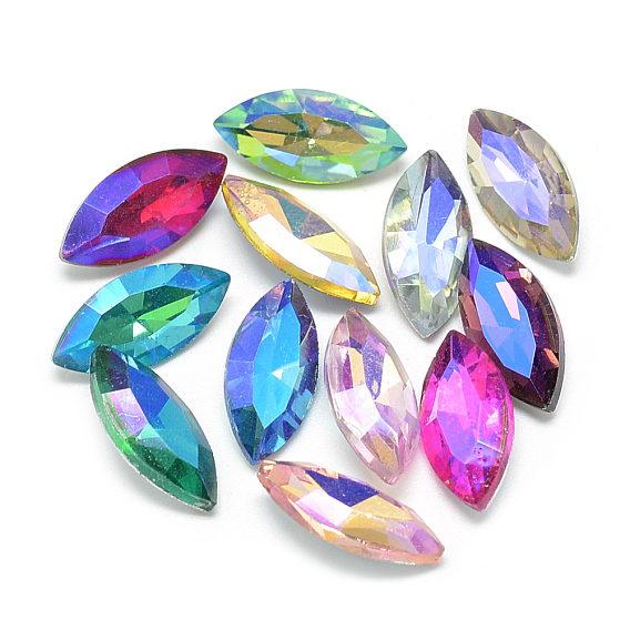 Pointed Back Glass Rhinestone Cabochons, Back Plated, Faceted, AB Color Plated, Horse Eye