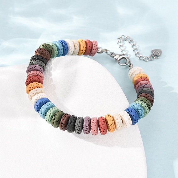 Pulseras de cuentas heishi de roca volcánica natural teñidas con chakras, con 304 cadena final de acero inoxidable, colorido