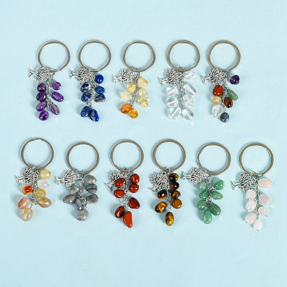 Gemstone Keychains, with Alloy Tree of Life Charms and Keychain Ring Clasps