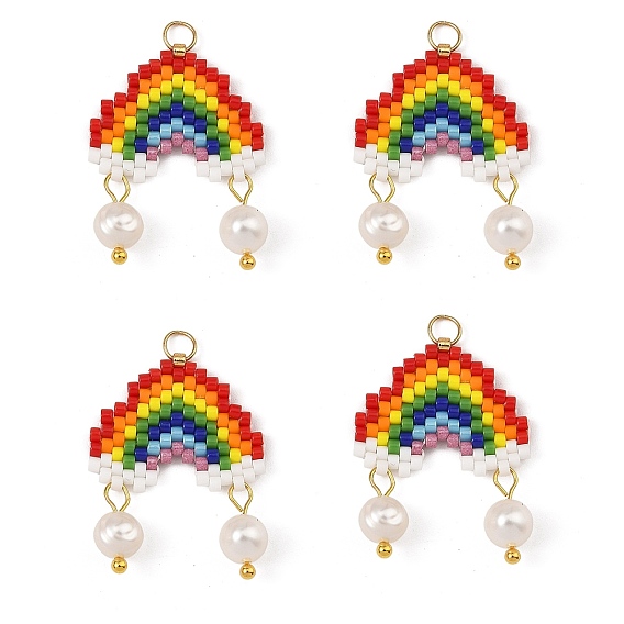 Natural Cultured Freshwater Pearl & Glass MIYUKI Seed Beaded Pendants, Rainbow
 Charms, with 304 Stainless Steel Open Jump Rings