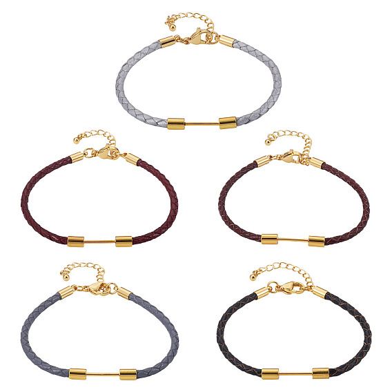 5шт. 5 цвета 3мм плетеный круглый шнур из искусственной кожи для изготовления браслетов, с 304 карабинами из нержавеющей стали и латунной планкой с бусинами, золотые, стойки покрытие, долговечный