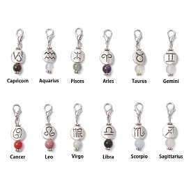 12 Constellation/Zodiac Sign Alloy Pendant Decoraton, with Natural & Synthetic Gemstone Round Beaded Ornaments