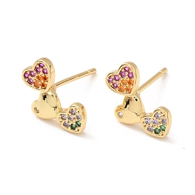 Colorful Rhinestone Triple Heart Stud Earrings, Brass Jewelry for Women, Cadmium Free & Lead Free