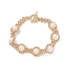 Bracelet de perles naturelles, bracelet tressé rond en laiton avec fermoirs en acier inoxydable pour femme