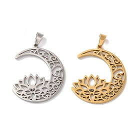 304 Stainless Steel Pendants, Laser Cut, Hollow Moon with Lotus Charm