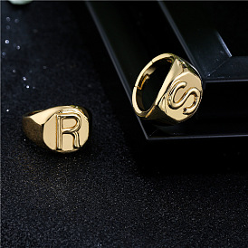 Adjustable 18K Gold Plated Copper Letter Ring for Women - 26 English Alphabet Design