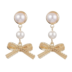 Round Shell Pearl Ear Studs, with Brass Findings, Bowknot, White