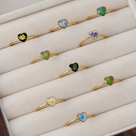 Регулируемые кольца-манжеты из нержавеющей стали, смолы и сушеных цветов, сердце, золотые