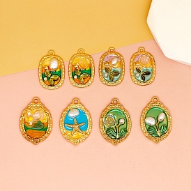 Alloy Enamel Pendants, Oval, Golden