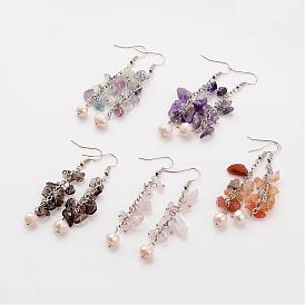 Natural Gemstone Beaded Dangle Cluster Earrings, with Pearl Beads and Brass Earring Hooks, 68mm, Pin: 0.7mm