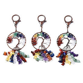 Natural Mixed Gemstone Keychain Clasps, with Red Copper Brass Findings & Lobster Clasp, Flat Round