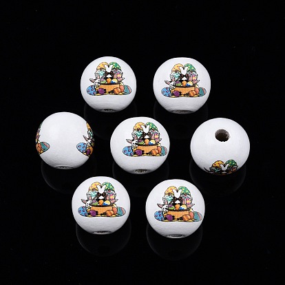 Easter Theme Printed Wooden Beads, Round with Rabbit/Carrot/Easter Egg/Gnome/Word Happy Easter Pattern