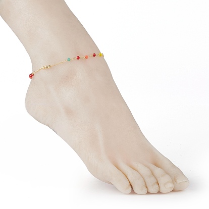 Faceted Glass Beaded Anklets, with Brass Beads and Lobster Claw Clasps, Round, Real 18K Gold Plated
