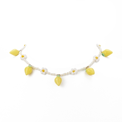 Resin Lemon Pendant Necklace with Glass Beaded Flower Chains for Women