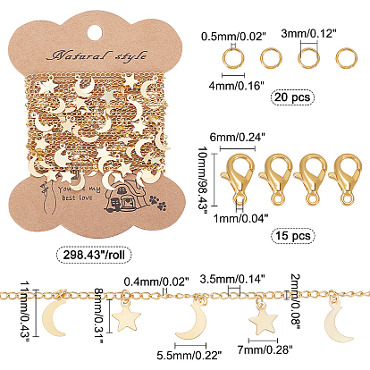 CHGCRAFT 2.5M Brass Charm Chains, with 20Pcs Brass Jump Rings and 15Pcs Alloy Lobster Claw Clasps, for DIY Necklaces Making Kits, Moon & Star