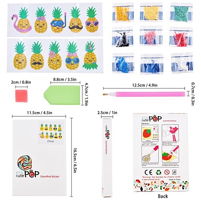 DIY Diamond Painting Stickers Kits For Kids, with Diamond Painting Stickers, Rhinestones, Diamond Sticky Pen, Tray Plate and Glue Clay, Pineapple