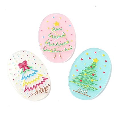 Printed  Acrylic Pendants, for Christmas, Oval with Chriatmas Tree Charm