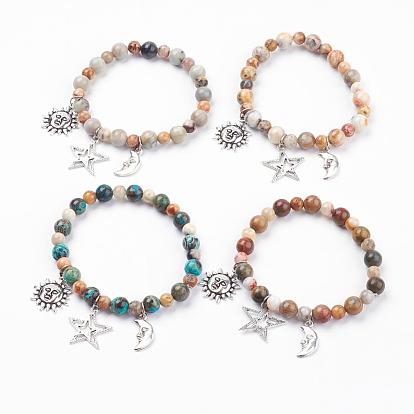 Natural Gemstone Charm Bracelets, with Tibetan Style Pendants, Sun & Star & Moon