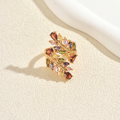Brass Micro Pave Colorful Cubic Zirconia Cuff Open Rings for Women, Leaf