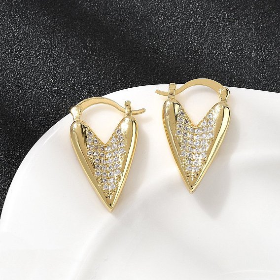 Серьги-кольца в форме сердца с микропаве из прозрачных кубических цирконий из латуни, без кадмия и без свинца, стойки покрытие, долговечный