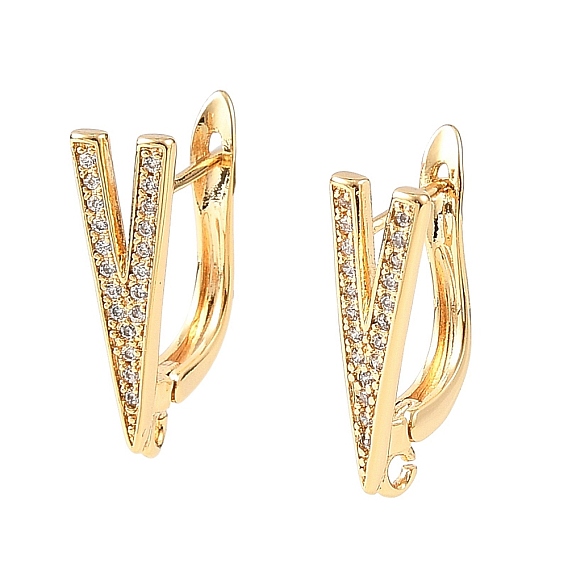 SHEGRACE Brass Micro Pave Cubic Zirconia Hoop Earring Findings, Letter V, with Loop, Cadmium Free & Lead Free & Nickel Free