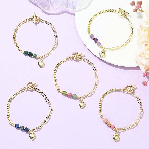 Латунные сердца шарм браслеты, Браслеты из кубического натурального камня, латуни, скрепки и цепочки для женщин.