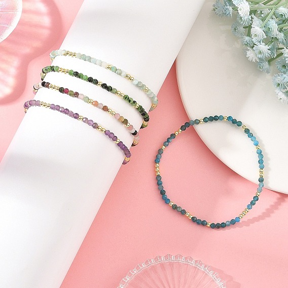 3MM Natural & Synthetic Mixed Gemstone Faceted Round Beaded Stretch Braclets for Women, Golden Plated