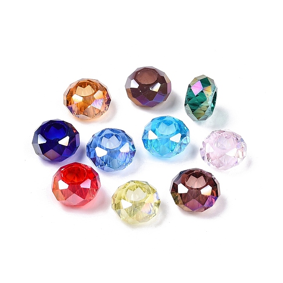 Прозрачное стекло европейские шарики, бусины с большим отверстием, с покрытием AB цвета, граненые, рондель