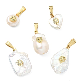 Подвески из натурального барочного жемчуга кеши, Подвески разной формы с микропаве из латуни в виде клевера из прозрачных кубических цирконий, белые