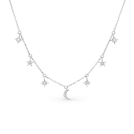 925 Sterling Silver Micro Pave Clear Cubic Zirconia Star Moon Pendant Necklaces