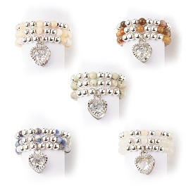 3 pcs 3 style pierres précieuses naturelles et bagues en perles d'hématite synthétique avec breloques en forme de cœur en zircone cubique transparente pour femme