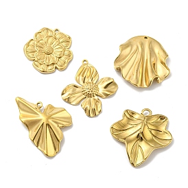 Ion Plating(IP) 304 Stainless Steel Pendants, Real 18K Gold Plated, Flower & Leaf Charm