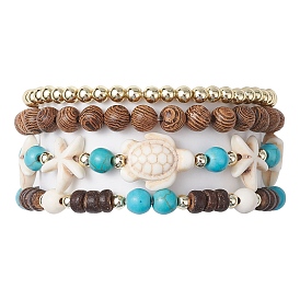 4Pcs 4 Styles Synthetic Turquoise & Coconut & Wood & Non-magnetic Synthetic Hematite Beaded Stretch Bracelet Sets, Beach Turtles & Starfish Stackable Bracelets