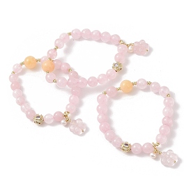 Round Natural Rose Quartz & Gemstone & Natural Freshwater Pearl Beaded Stretch Bracelets, Butterlfy Charm Bracelets for Women