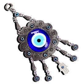 Glass Turkish Blue Evil Eye Blessing Amulet Wall Hanging Decor, with Alloy Flower Hamsa Hand Charm