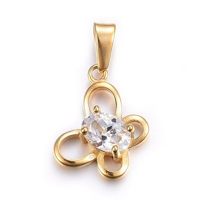 304 Stainless Steel Pendants, with Cubic Zirconia, Butterfly