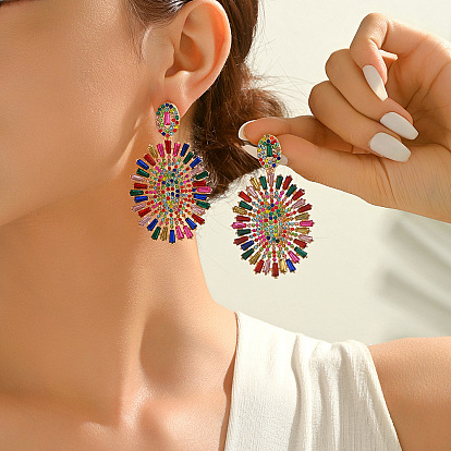 Alloy Rhinestone Oval Stud Dangle Earrings for Women, Golden