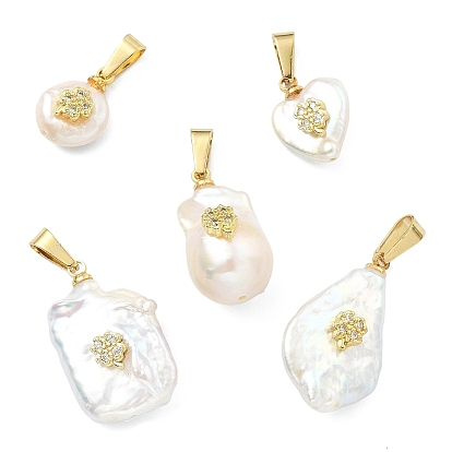 Подвески из натурального барочного жемчуга кеши, Подвески разной формы с микропаве из латуни в виде клевера из прозрачных кубических цирконий, белые