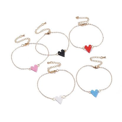 Bracelets de liaison, avec des perles de rocaille japonaises faites à la main, chaînes de câble et chaînes d'extension en laiton, cœur