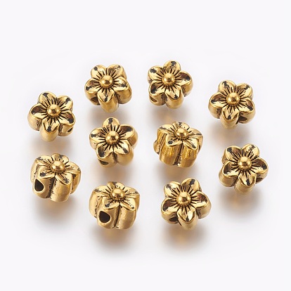 Perles en alliage de style tibétain, sans plomb et sans cadmium, 3 d fleurs, 12x10mm, Trou: 3.5mm