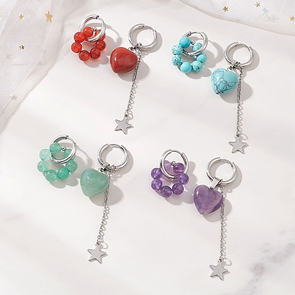 4 Комплект из двух сережек-колец в форме сердца ко Дню святого Валентина 304 Серьги-кольца из нержавеющей стали, с натуральным смешанным драгоценным камнем, цвет нержавеющей стали, слева и справа